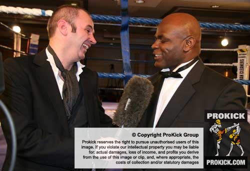 BBC's TV Favourite  Joe Lindsay shares a joke with kickboxing living legend Ernesto Hoost during their interview