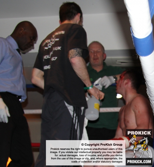 ProKick's Johnny Smith wins his first competitive boxing match on 25th February 2012 in Staines, Essex.