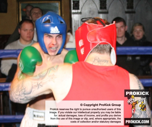 ProKick's Karl McBlain charges foward, taking the fight to opponent Johnny McCabe during their boxing fight in Kilkenny