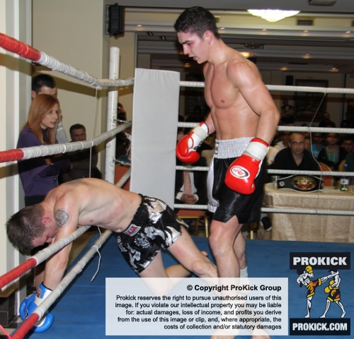 ProKick fighter and new amateur European Champion Karl McBlain in action at the event in Nicosia, Cyprus on 9th March 2012.
