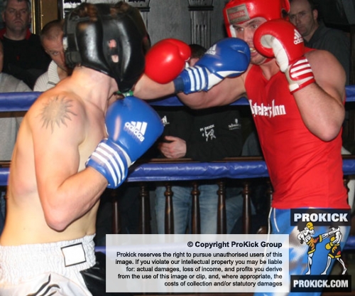 ProKick's Peter Rusk pushes forward in his boxing fight with Miles Price during their boxing fight in Kilkenny