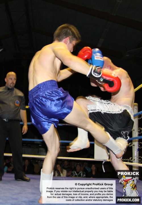 ProKick battler Stuart Jess covers up against some hard shots from opponent Loic Jeannin