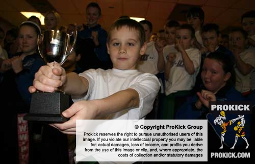 Nine year old Leith Braiden is this weeks winner of the Brooklands Cup - Prokick Kids cheer him on in the background