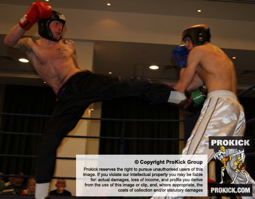 ProKick fighter Darren McMullan lands a hard left roundhouse against Swiss opponent Jeremy Jossi