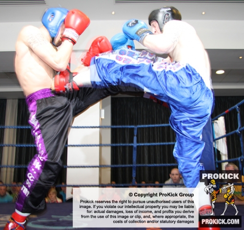 ProKick fighter Davy Foster lands a hard front kick against Galway based Dave Mannion