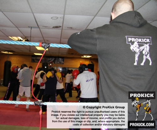 ProKick instructor and referee for the evening Gary Fullerton oversees the 20 plus novice kickboxers