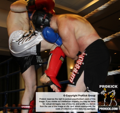ProKick fighter Johnny Smith lands a pin-point knee strike on Joe Harte from Waterford