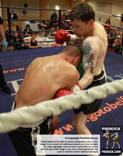 ProKick fighter Johnny Smith lands a  hard body shot on Jonathan Curmi of Malta.