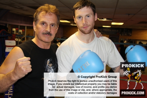 Prokick fighter Johnny Smith with friend of Billy Murray's (all the way from Thailand) Stephen Brown at last night's sponsored 'spar-a-thon'.