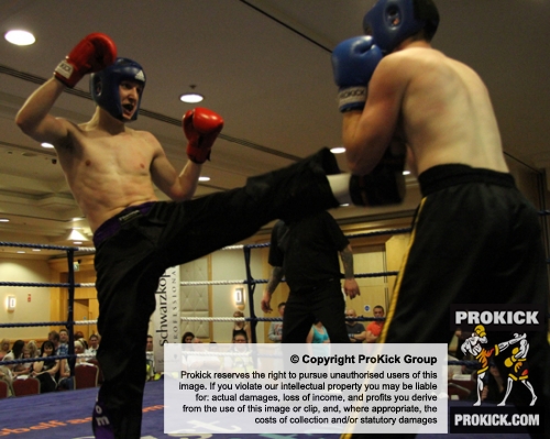 Mark Baird throws a kick at Colin O’Leary of the (Wolfpack Kickboxing Athlone) at the New Breed event at the Hilton Hotel on June 26th