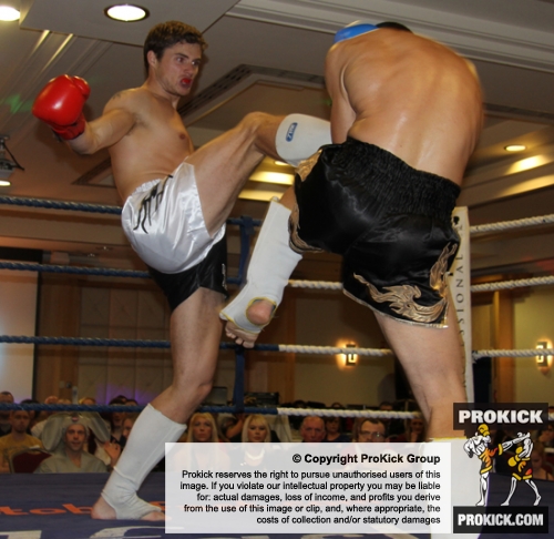 ProKick's Peter Rusk in action against France's Franck Langlasse in ProKick's October 30th 'Fright Night' event