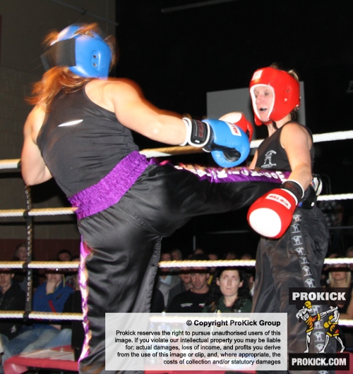 ProKick fighter Stefanie McMullen lands a hard roundhouse to Yvonne McNevin