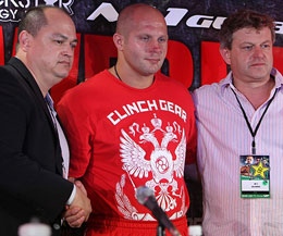 Coker in major talks with M-1 Global. (Picture L-R) Scott Coker, Fedor Emelianenko and Vadim Finkelchtein.