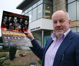 Mr George Emerson of Norman Emerson Group, backs the KICKmas box and Big James Gillen at the Waterfront Hall on Dec 1st