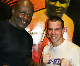 Gary Hamilton will fight under Full Muay-Thai rules for the very first time, Pictured here with Mr Perfect Erensto Hoost at a seminar in Belfast