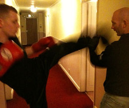 Mikey Shields is on first and he will fight at 8.30pm Pictured here warming up ahead of his match