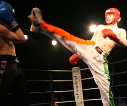 Galweigian kickboxer Andrew Rodgers from Galway kicking out at Ken Horan's event in 2009