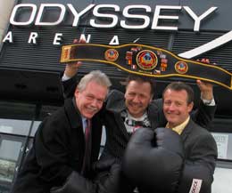 The deal to bring kickboxing to Setanta was struck by Irish kickboxing figurehead Billy Murray  (Centre) Pictured with UTV's top editor/Director Mr Paul Clarke (right) and Mr Sean Ferrin Head of Resources (Left) - UTV film the event at the Odyssey.