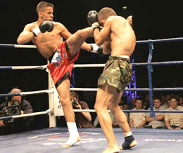 Samir Mohamed high kicking in previous action at the Odyssey Arena in Belfast