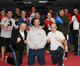 ProKick Beginners complete 6 week course, pictured here with WKN champion kickboxer Ken Horan