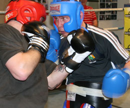 Action from todays sparring session at the famous Holy Family boxing Gym between kickboxing champ Gary Hamilton and young talented pro boxer Carl Frampton