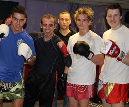 Tarr alongside his 3 ProKick sparring partners -L-R Karl McBlain, Aubrey Tarr, Ref for the day Kris Hanna, Mark Bird and teenager Andrew McCreary