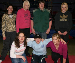 The North Belfast Princes Trust group at the Prokick Kickboxing gym in Wilgar Street - L-R back Row- Rachael Cullen, Stacey Brittain, Nathan Wenyss, Sarah Cummins. Front Row Carmel McNicholl, (Prokick says winner) Rosie McIlwaine and Nuala Boyle