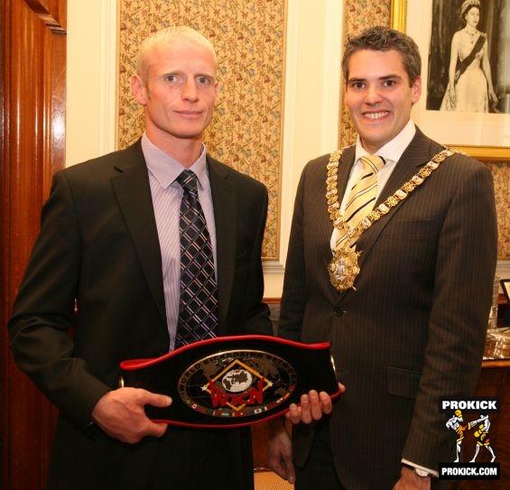 Darren McMullan, New WKN European Middleweight Champion with the Rt Hon, Alderman Gavin Robinson at Belfast's City Hall