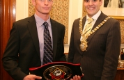 Darren McMullan, New WKN European Middleweight Champion with the Rt Hon, Alderman Gavin Robinson at Belfast's City Hall