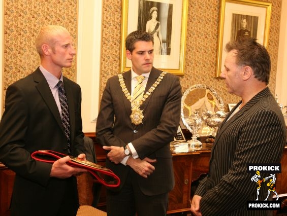 Darren at city hall talking with the lord Mayor about kickboxing