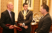 Darren at city hall talking with the lord Mayor about kickboxing