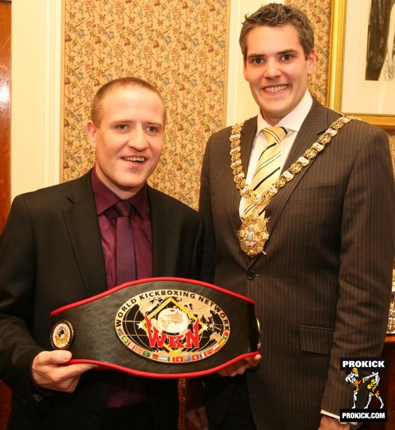 Gary Fulerton is the New WKN European lightweight Champion with the Rt Hon, Alderman Gavin Robinson at Belfast's City Hall