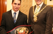 Karl McBlain, New WKN European welter-weight Champion with the Rt Hon, Alderman Gavin Robinson at Belfast's City Hall