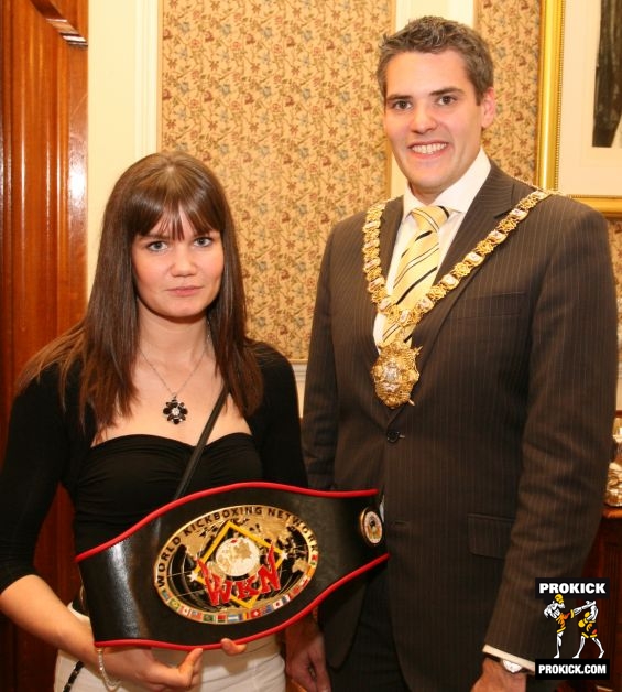Ursula Agnew, New WKN European Lightweight Champion with the Rt Hon, Alderman Gavin Robinson at Belfast's City Hall
