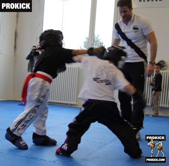 Action from the International kickboxing event in Geneva - Belfast's Riley Hamilton outreached by his opponent