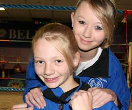 Young Kickboxer 11 year-old Alex Catherwood (front) with sister Alana, cleans upat schools athletic night.