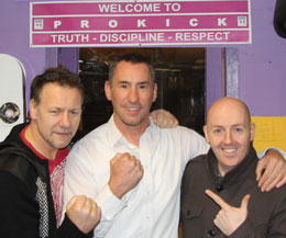 Former professional boxing champion Sam Storey (centre) called into ProKick to talk with Billy Murray RE his training facility in Spain. Sports journalist Alex McGreevy (right) was first to put his name forward to go.