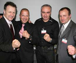 WKN team (L-R) Billy Murray, Carl Emery, Stephane Cabrera and Toussaint Andarelli in Geneva at the launch of 'The Peace Fighters' who are doing their bit to Fight for Peace