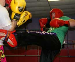 Ciaran Magill (Right) lands a kick - Ciran was at the Prokick HQ for some sparring on Saturday