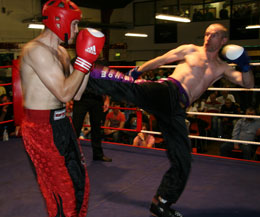 Prokick's adopted son Ken Horan took to the ring with Seamus Geoghegan of Dublin's Gan Teora KBC as part of a warm-up for Dec 1st in Belfast. Ken Kicks