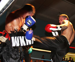 Belfast Boy Gary Hamilton in action seen here kicking tough Englishman Michael Johnston