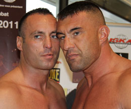 Face to face as Stefan Leko and Jerome Le Banner hit the scales ahead of their big clash in Geneva, Switzerland TONIGHT