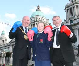 Lord Mayor Jim Rodgers with Abie and Desi Macartney who will head to Geneva for the launch of the Fighting for Peace. Lord Mayor gives his support - check out front page