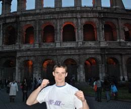 ProKick fighter Peter Rusk outside Rome Coloseum after completing the Rome Marathon just one day after fighting on ProKick's St Patrick's Day Bash