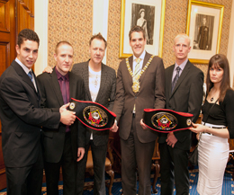 Northern Ireland's latest champions: L-R: Karl McBlain, Gary Fullerton, Billy Murray, Rt Hon, Alderman Gavin Robinson Darren McMullan and Ursula Agnew