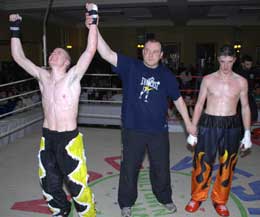 A delighted Eric Daly (Galway) (RIGHT), Tony O' Donnell (Referee & Promoter - Ennis) and Dominic Mc Namara (Limerick)